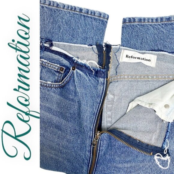 REFORMATION Lightly Distressed High Rise Raw Waist Straight Leg Zipper Jeans, 26 - Picture 9 of 11